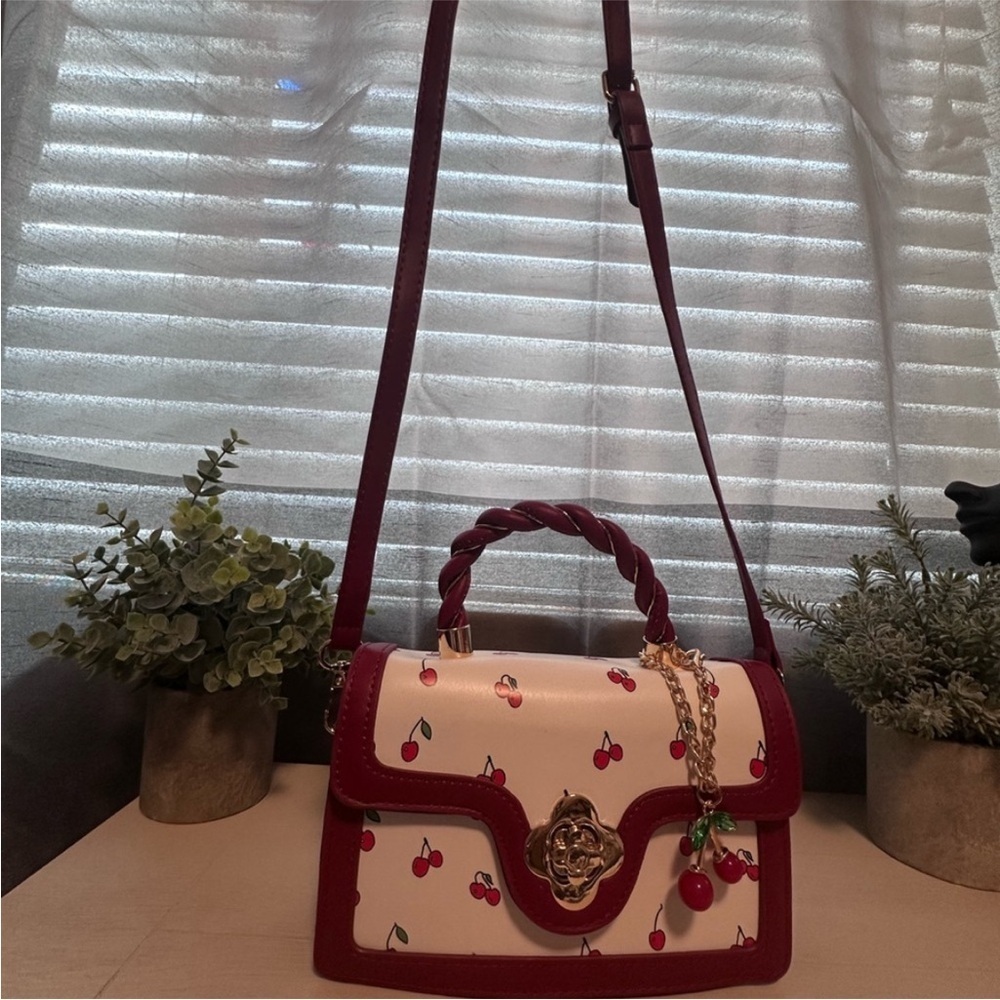 Cherry Print White and Red Women's Bag - Picture 1 of 10